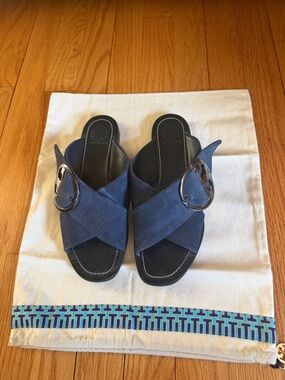 Tory Burch Suede Miller Slide Sandals Navy Blue Logo Size 8